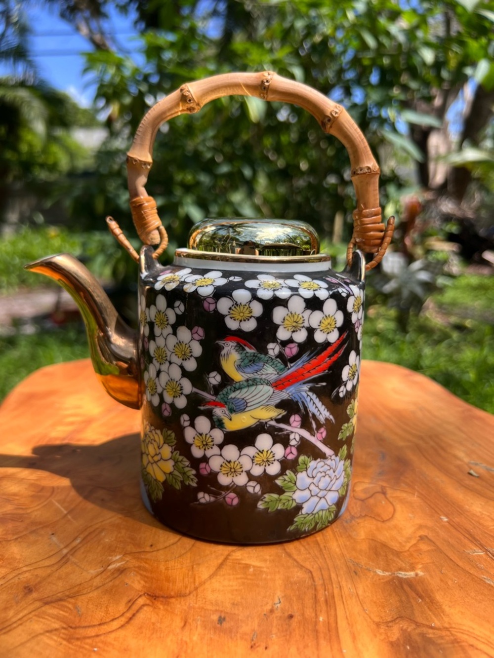 Vintage Black Floral & Bird Ceramic Teapot Note: not original lid